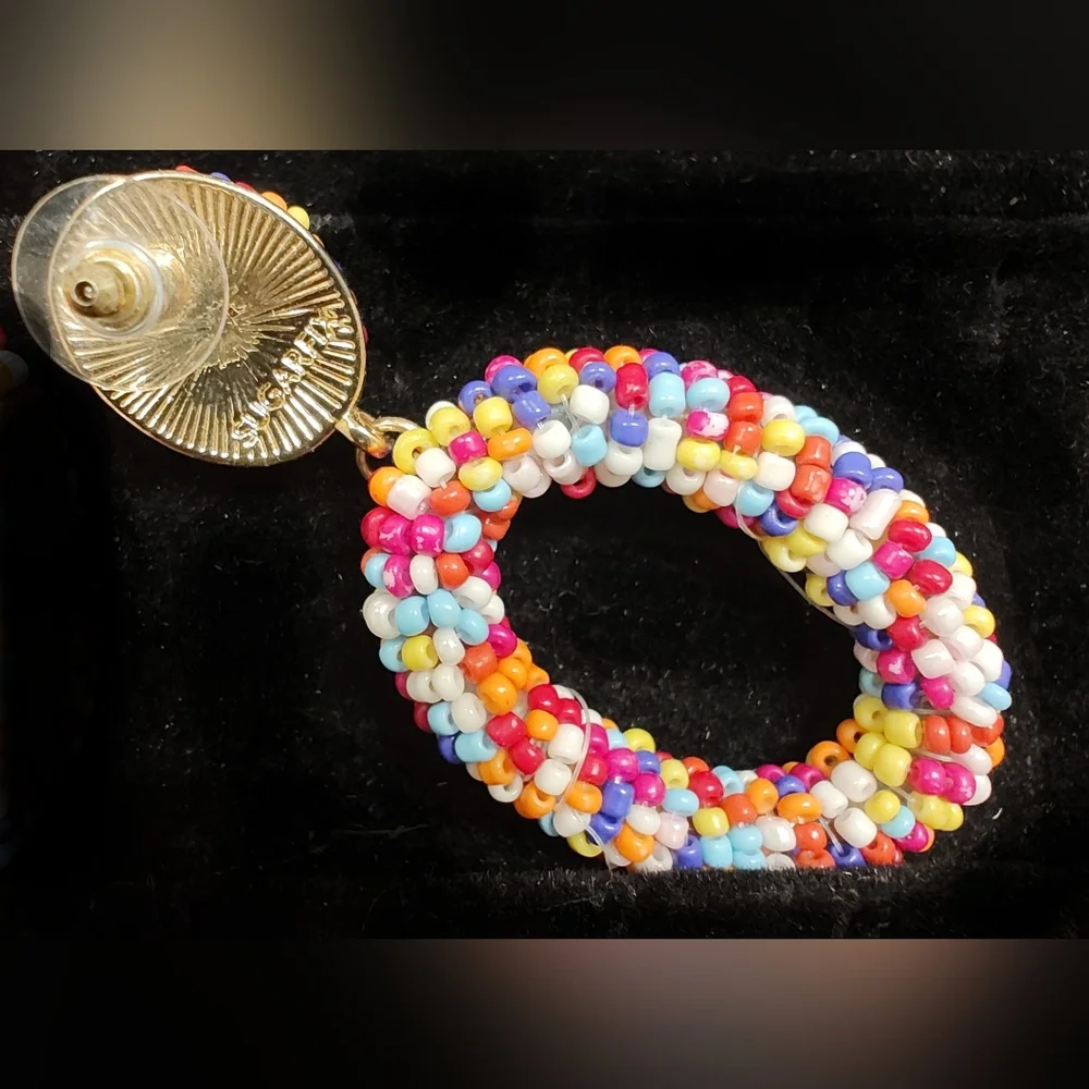 Vintage Bold Sugarfix Sead Bead Oval Dangling Earrings In Gold Tone - Picture 2 of 4